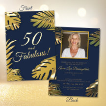 Elegante Cumpleaños Fabuloso 50 Foto Azul Dorado