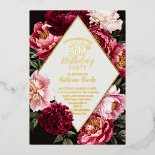 Invitación Con Relieve Metalizado Elegante Cumpleaños Floral de Burgundy y Rosa Clar