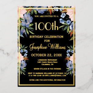 Invitación Con Relieve Metalizado Elegante cumpleaños número 100 negro ORO REAL