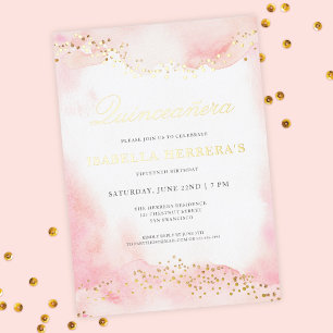 Invitación Con Relieve Metalizado Elegante Cumpleaños Quinceañera Rosa Dorado
