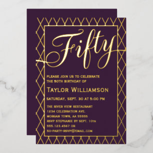 Invitación Con Relieve Metalizado Elegante Cumpleaños Quincuagésimo Plum Gold Foil F