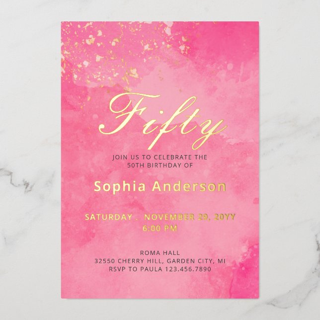 Invitación Con Relieve Metalizado Elegante cumpleaños Rosa 50 (Anverso)