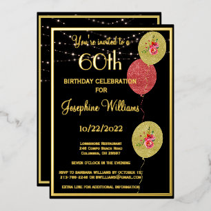Invitación Con Relieve Metalizado Elegante Cumpleaños Sesenta 60 Negro ORO Real