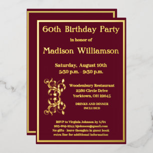 Invitación Con Relieve Metalizado Elegante Cumpleaños Sesenta 60 Rojo ORO Real