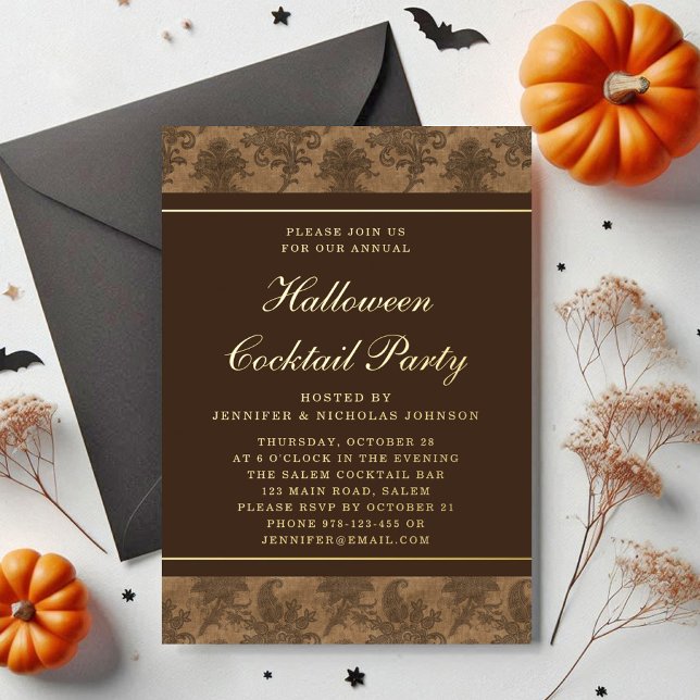 Invitación Con Relieve Metalizado Elegante Damask Halloween Cocktail Fiesta Gold (Elegant Damask Halloween Cocktail Party Gold Foil Invitation)