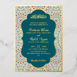Invitación Con Relieve Metalizado Elegante Damask Ornado Mihrab Boda Musulmana