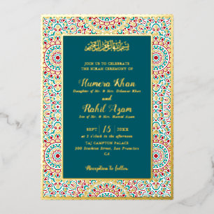Invitación Con Relieve Metalizado Elegante Damask Ornate Mihrab Boda Musulmana