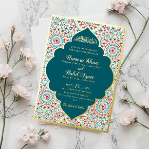Invitación Con Relieve Metalizado Elegante Damask Ornate Mihrab Boda Musulmana