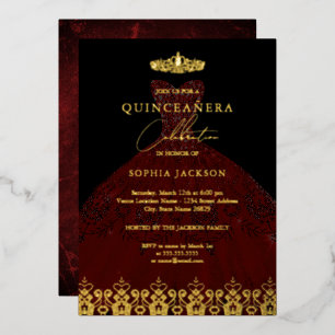 Invitación Con Relieve Metalizado Elegante Damask Tiara Red Gold Quinceanera