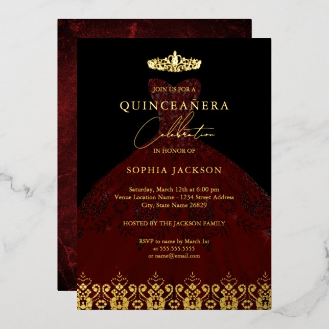 Invitación Con Relieve Metalizado Elegante Damask Tiara Red Gold Quinceanera (Anverso/Reverso)