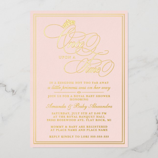Invitación Con Relieve Metalizado Elegante De Érase Una Vez Princesa Baby Shower (Anverso)
