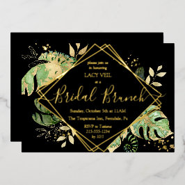 Invitación Con Relieve Metalizado Elegante Desayuno Nupcial Tropical Dorado Negro y