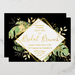 Invitación Con Relieve Metalizado Elegante Desayuno Nupcial Tropical Dorado Negro y