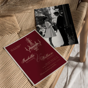 Invitación Con Relieve Metalizado Elegante Dinero Antiguo Foto Rojo Profundo Boda At