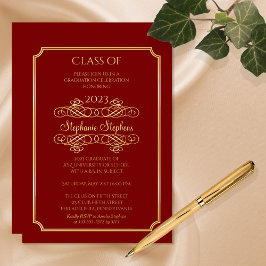 Invitación Con Relieve Metalizado Elegante Dk Red University Graduation Party Gold