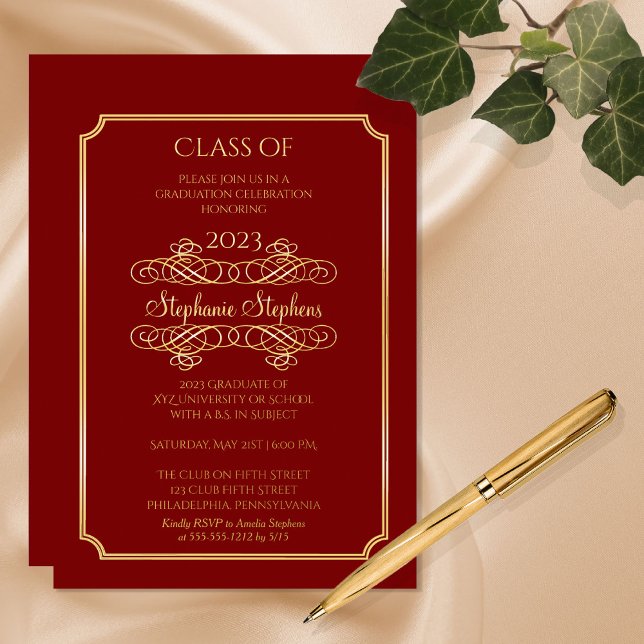 Invitación Con Relieve Metalizado Elegante Dk Red University Graduation Party Gold (Subido por el creador)