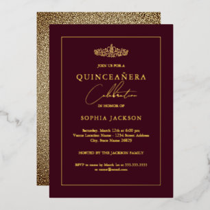 Invitación Con Relieve Metalizado Elegante Dorado Borgoña Quinceanera 15 cumpleaños