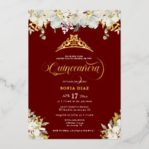 Invitación Con Relieve Metalizado Elegante dorado floral rojo quinceañera