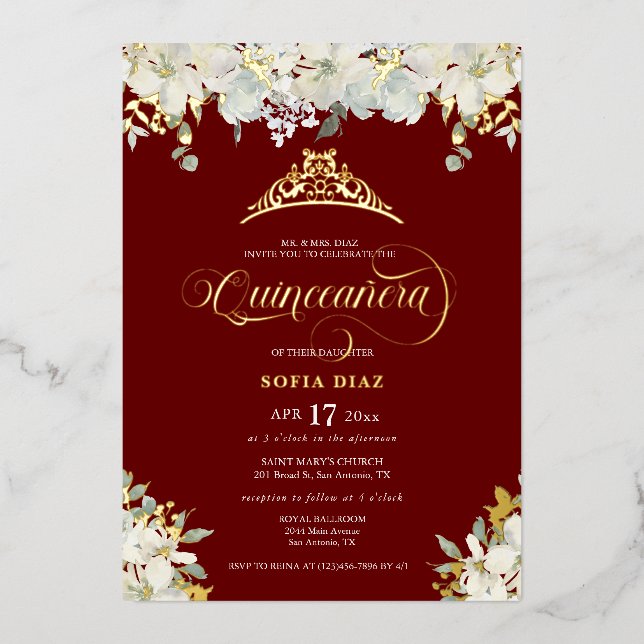 Invitación Con Relieve Metalizado Elegante dorado floral rojo quinceañera (Anverso)