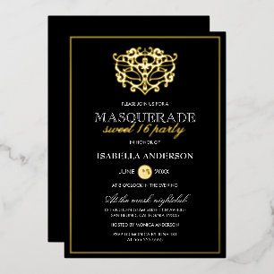 Invitación Con Relieve Metalizado Elegante dorado y dulce de máscaras negras 16 Fies