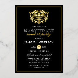 Invitación Con Relieve Metalizado Elegante dorado y dulce de máscaras negras 16 Fies