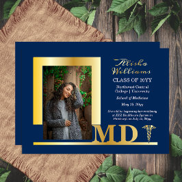 Invitación Con Relieve Metalizado Elegante Dr MD Caduceus Foto Graduado Azul