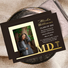 Invitación Con Relieve Metalizado Elegante Dr MD Caduceus Foto Graduado Brown