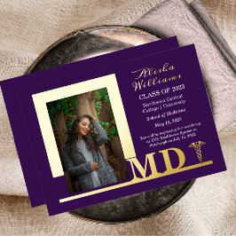 Invitación Con Relieve Metalizado Elegante Dr MD Caduceus Foto Graduado Purple