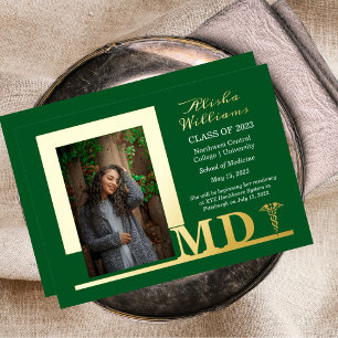Invitación Con Relieve Metalizado Elegante Dr MD Caduceus Photo Graduate Green