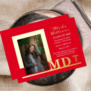 Invitación Con Relieve Metalizado Elegante Dr MD Caduceus Photo Graduate Red