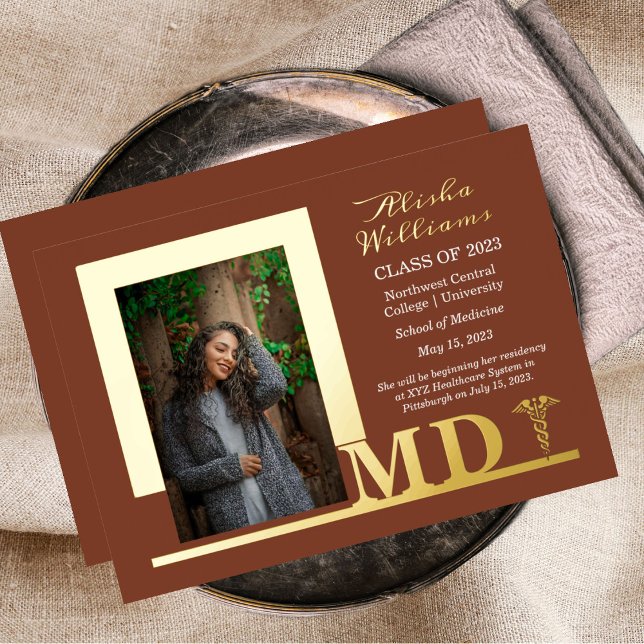 Invitación Con Relieve Metalizado Elegante Dr MD Caduceus Photo Graduate Terracotta (Subido por el creador)
