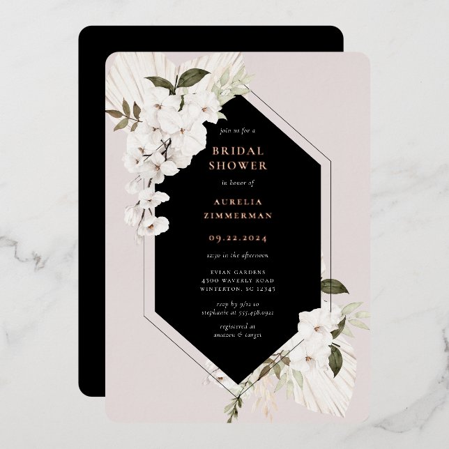 Invitación Con Relieve Metalizado Elegante Ducha Bohemiana Floral Bridal (Anverso/Reverso)