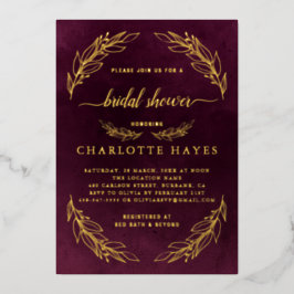 Invitación Con Relieve Metalizado Elegante Ducha Borgoña Roja Y Dorada De Novias