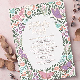 Invitación Con Relieve Metalizado Elegante Ducha de Bebé Besos de Mariposa