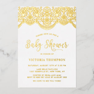 Invitación Con Relieve Metalizado Elegante ducha de bebé con encaje de brocado flora