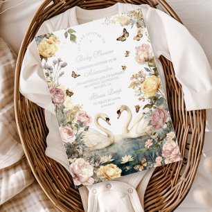 Invitación Con Relieve Metalizado Elegante Ducha de Bebé de Cisnes al Acuarela