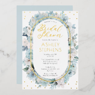 Invitación Con Relieve Metalizado Elegante ducha de novia floral azul y blanco