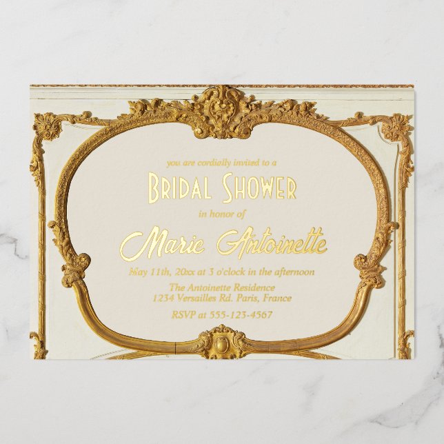 Invitación Con Relieve Metalizado Elegante ducha de novia rococó barroca dorada (Anverso)