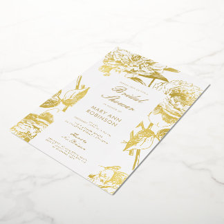 Invitación Con Relieve Metalizado Elegante ducha de novias con flores doradas