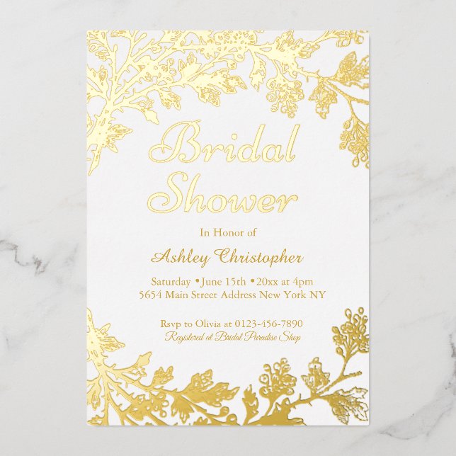 Invitación Con Relieve Metalizado Elegante ducha de novias doradas (Anverso)