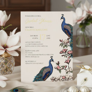 Invitación Con Relieve Metalizado Elegante ducha marfil-floral de pavo real