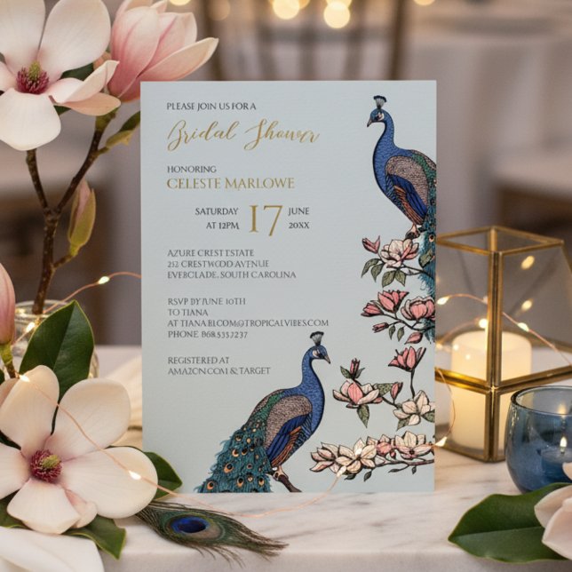 Invitación Con Relieve Metalizado Elegante ducha marrón azul floral Peacock Bridal (Elegant Blue, Gold Foil Floral Peacock Bridal Shower Invitations for Her. Classy Bird Teal Feathers)