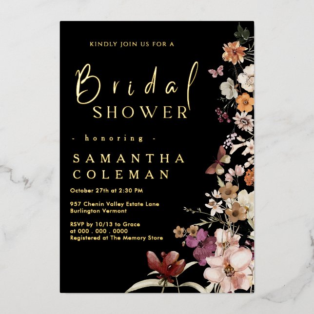 Invitación Con Relieve Metalizado Elegante ducha nupcial rústica de flores silvestre (Anverso)