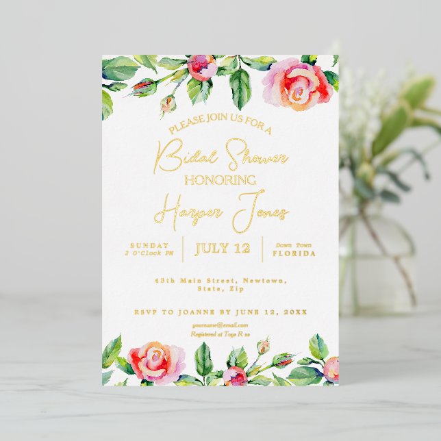 Invitación Con Relieve Metalizado Elegante ducha rosa y Relieve metalizado dorado de (Anverso de pie)