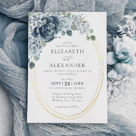 Invitación Con Relieve Metalizado Elegante Dusty Blue Floral Watercolor Boda Gold
