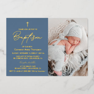 Invitación Con Relieve Metalizado Elegante Dusty Blue Gold Cross Baptism Photo