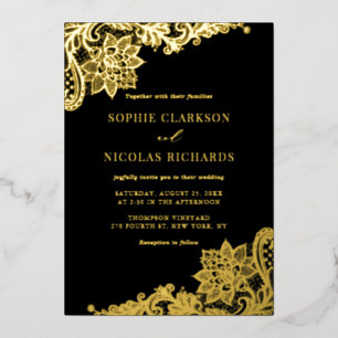 Invitación Con Relieve Metalizado Elegante encaje antiguo negro boda oro