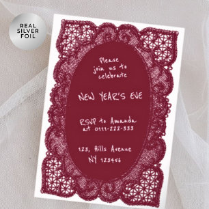 Invitación Con Relieve Metalizado Elegante encaje de Borgoña Fiesta de Nochevieja de