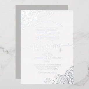 Invitación Con Relieve Metalizado Elegante encaje de plata en boda clásica blanca