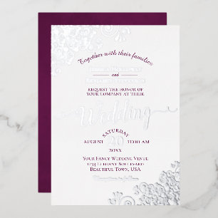 Invitación Con Relieve Metalizado Elegante encaje de plata y magenta en boda blanca